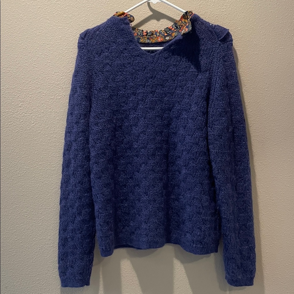 Sezane Navy Ruffled Women's Sweater - Picture 2 of 4